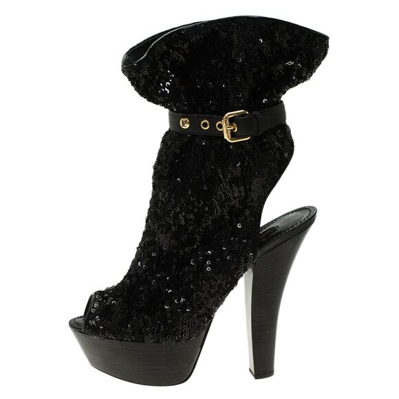 Louis Vuitton Black Sequins and Leather Peep Toe Platform Ankle Boots Size 37 - Picture 2 of 4